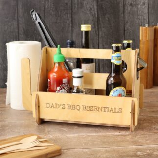 Personalised Portable BBQ Caddy With Bottle Opener with 'Dad's BBQ Essentials' engared on teh side