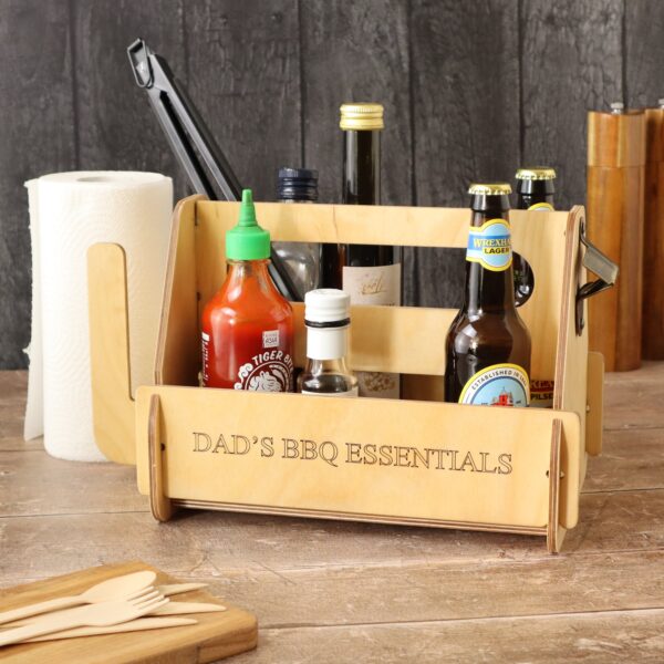 Personalised Portable BBQ Caddy With Bottle Opener with 'Dad's BBQ Essentials' engared on teh side