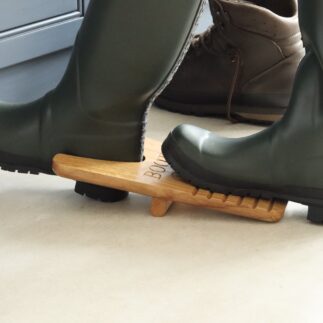 Solid oak boot jack / welly puller with 'BOOTS OFF! engravd into the wood
