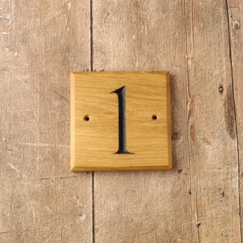 Oak house number plaque in solid oak with number 1 engraved and painted in black