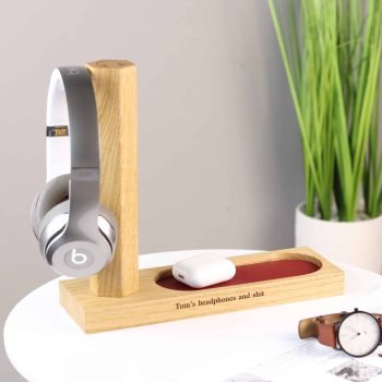 MijMoj personalised headphone stand with accessories tray in red leather