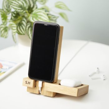 MijMoj iPhone stand with storage tray lined in grey leather for airpods