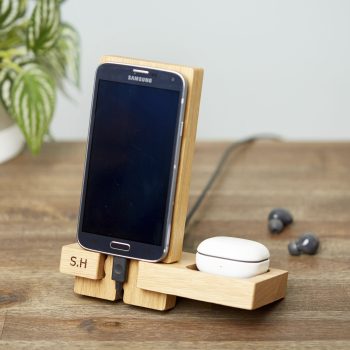 MijMoj Samsung Phone stand with storage tray lined in grey leather