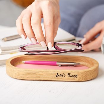 Solid oak stash tray with pink leather lined bottom