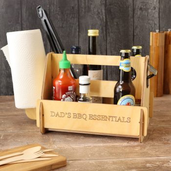 Personalised Portable BBQ Caddy With Bottle Opener with 'Dad's BBQ Essentilas' engraved on the side.