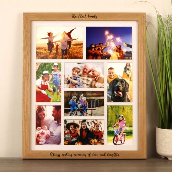 Personalised Solid Oak Nine Aperture Photo Frame With Mount - Handwritten Font