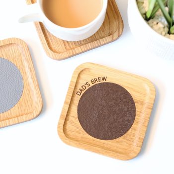 Personalised coaster oak and brown leather front engraving