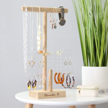 Personalised earring stand and jewellery hanger front engraving