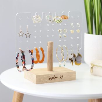 Solid oak and acrylic earring stand to display and organize your drop and stud earrings