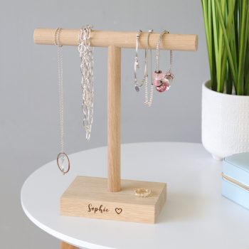 Oak jewellery stand with engraved personalised base