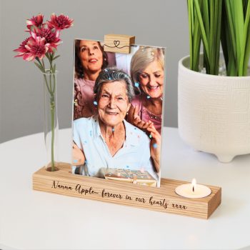 Memorial photo block with stem vase and candle holder