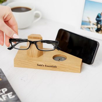 Personalised oak bedside glasses and phone stand lifestyle