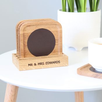 Personalised solid oak coaster set front engraving