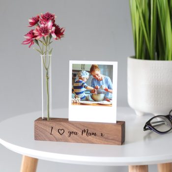 Walnut photo block with stem vase and photo print engraved with a message 'I love you Mum x'