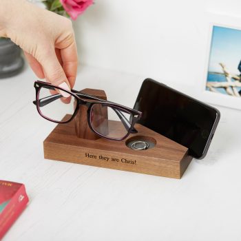Personalised walnut bedside glasses and phone stand lifestyle