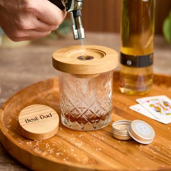 Oak whiskey and cocktail smoker with 'best dad' engarved on the lid