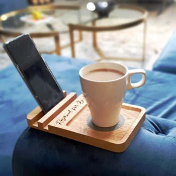 Sofa coaster to protect you sofa / couch from spillages from wine, tea and coffee. Engraved with 'Reserved for Dad' and slot to hold your phone