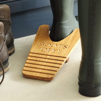 Solid oak boot jack with 'BOOTS OFF! engravd into the wood