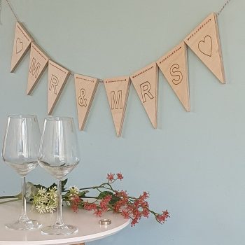 Wooden bunting with MR & MRS engraved on ecah ply triangle